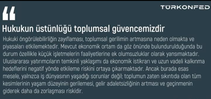 TÜRKONFED, ülke gündemindeki son gelişmelere ilişkin basın açıklaması yaptı. Açıklamada, adalete güvenin ve demokratik temsilin zedelenmesinin toplumsal etkilerine dikkat çekildi.
